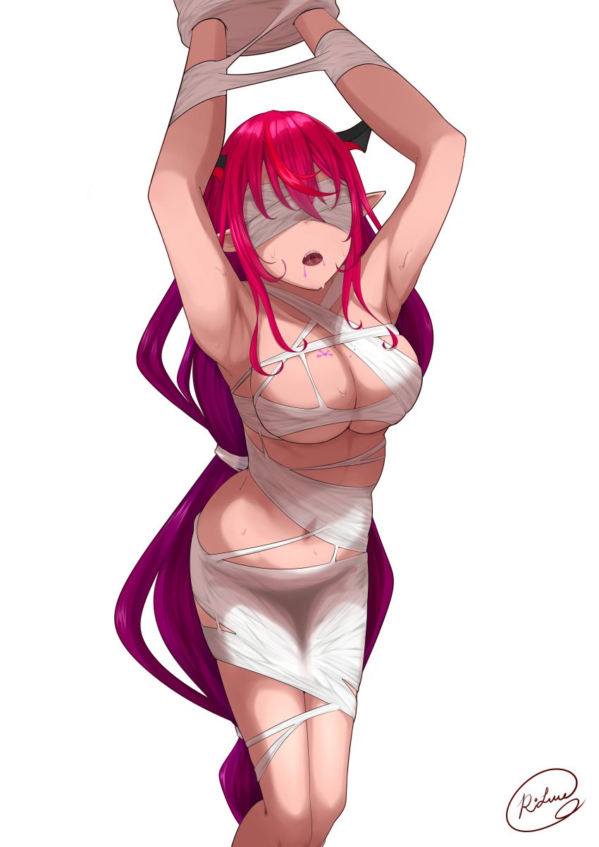 1girls blindfold bondage bound breasts drooling hi_res hololive hololive_english hololive_english_-promise- horn irys irys_(hololive) long_hair naked nude pointy_ears red_hair restrained rlus solo spider_web sweat tied tied_up virtual_youtuber web_bondage