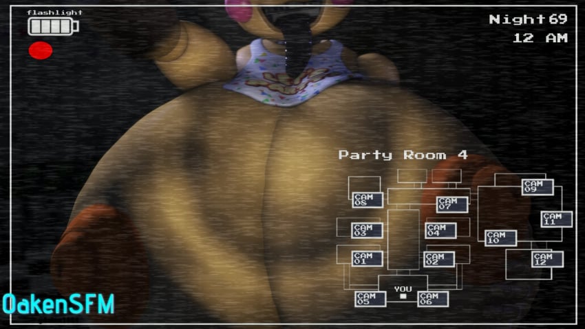 3d 3d_(artwork) big_breasts breasts breasts_bigger_than_head camera camera_view female female_only five_nights_at_freddy's holding_breast holding_own_breast hyper hyper_breasts naked nude oakensfm solo toy_chica_(fnaf) woodworksfm