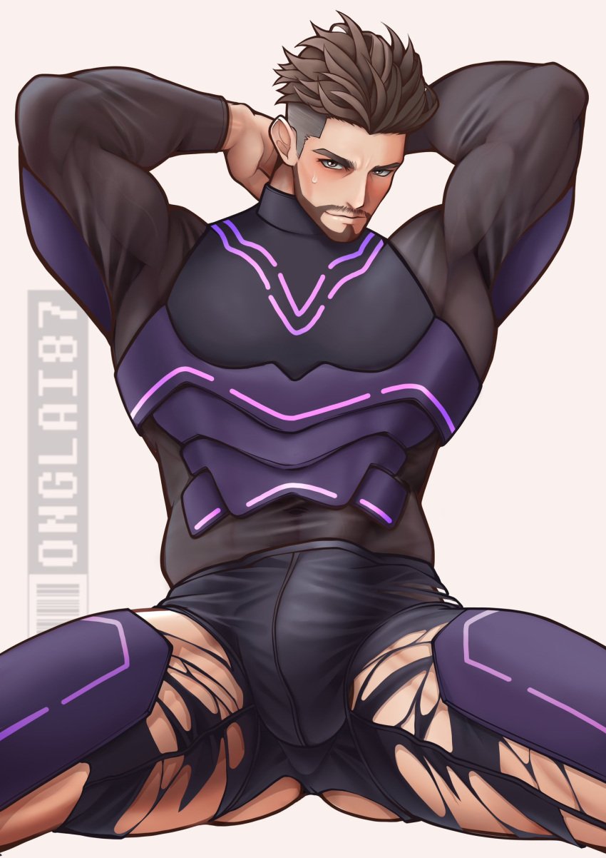 arms_behind_head beard big_bulge blush bulge bulge_through_clothing clothed clothed_male dark_hair fully_clothed looking_at_viewer male male_only muscular_arms muscular_male muscular_thighs onglai87 pokemon pokemon_sv professor_turo ripped_clothing ripped_pants serratus serratus_anterior sitting sitting_on_ground slicked_back_hair solo sweatdrop undercut