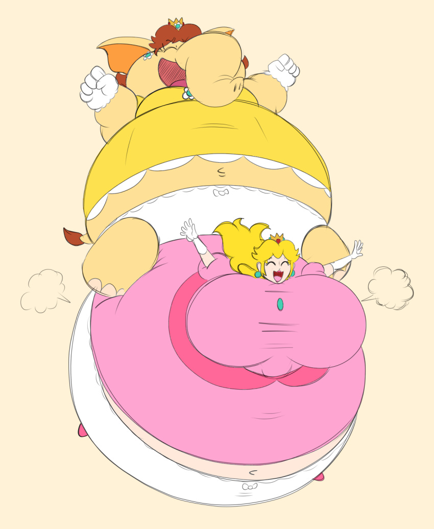 2girls anthro bbw big_breasts bloomers blush breasts bumping comical_weapon dress elephant_daisy expansion female female_only floating full_body_inflation furry huge_breasts inflation inflation_fetish mario_(series) nintendo paintmeanon princess princess_daisy princess_peach round_belly spherical_inflation super_mario_bros._wonder