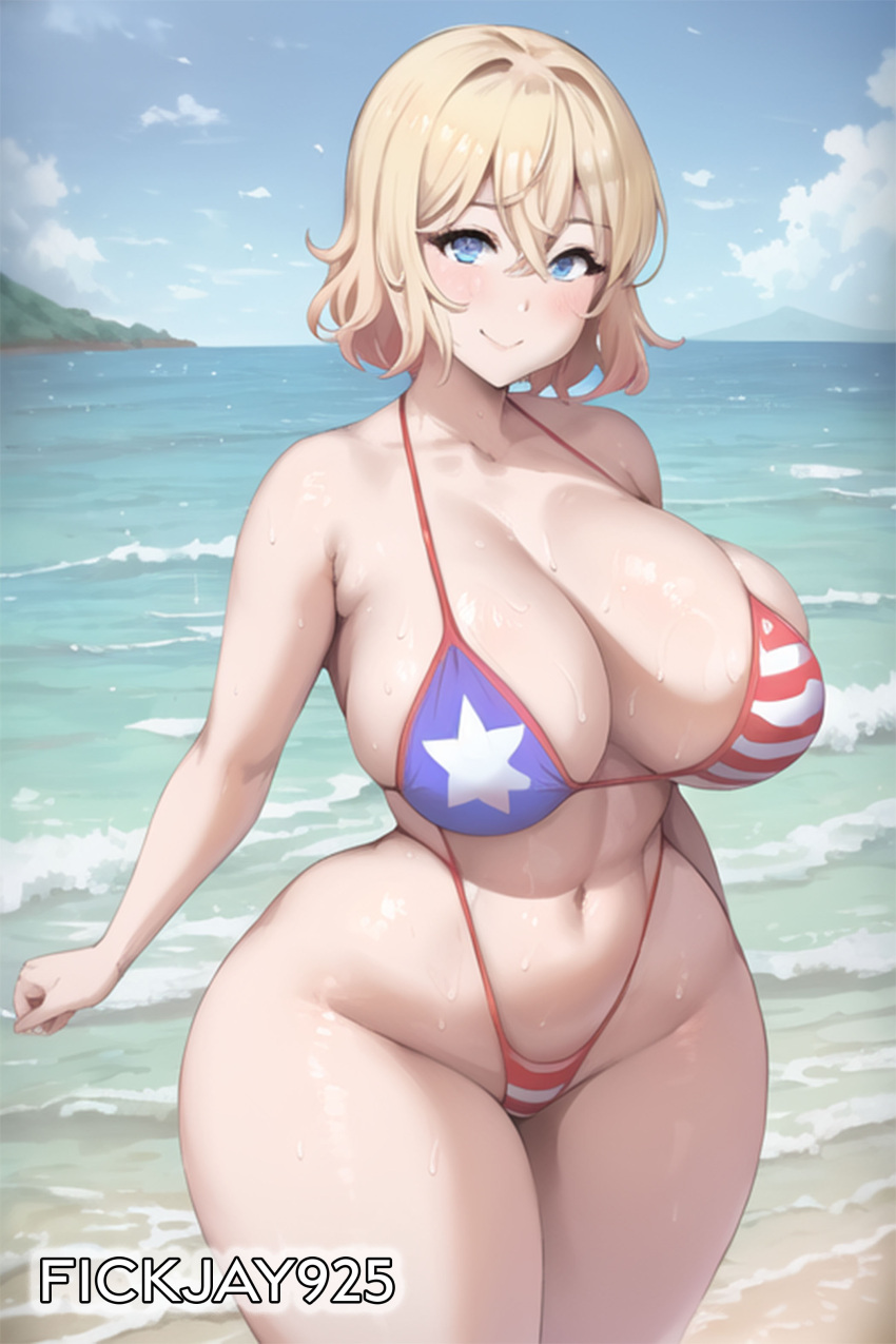 1girls ai_generated american_flag american_flag_bikini ass beach big_ass bikini blonde_hair blue_eyes curvy female female_only fickjay925 huge_ass huge_breasts kanojo_okarishimasu large_breasts looking_at_viewer nanami_mami skindentation smiling thick_thighs voluptuous wide_hips