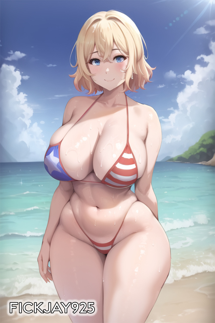 1girls ai_generated american_flag american_flag_bikini beach bikini blonde_hair blue_eyes curvy female fickjay925 huge_ass huge_breasts kanojo_okarishimasu large_breasts looking_at_viewer nanami_mami skindentation smiling voluptuous wide_hips