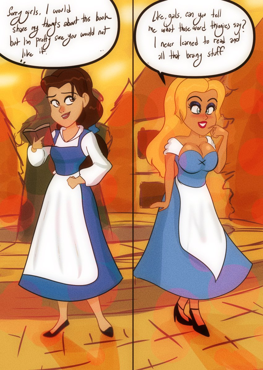 aliciadrawsbecause beauty_and_the_beast before_and_after belle bimbo bimbofication blonde_hair brain_drain breast_expansion brown_hair disney disney_princess english_text text