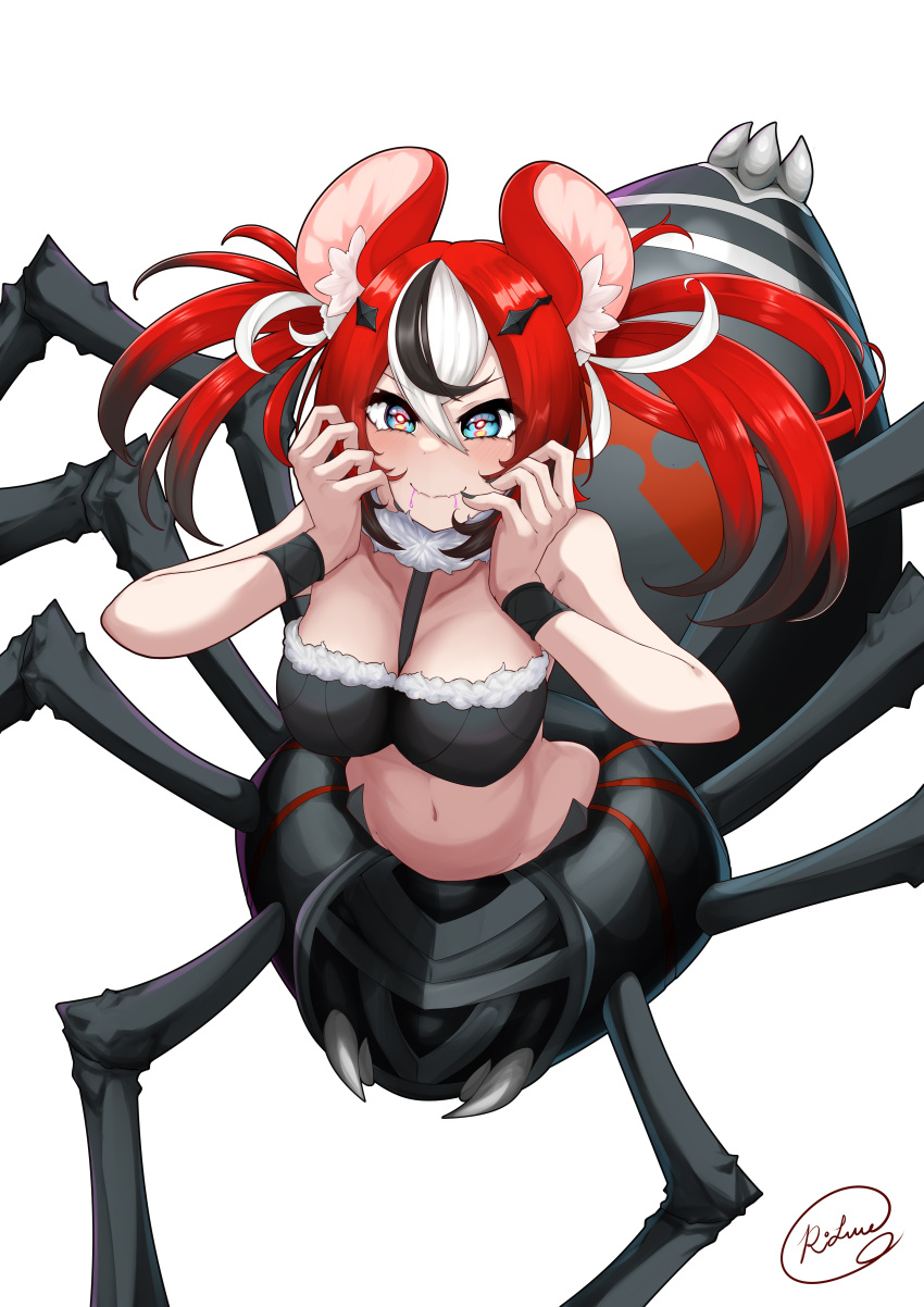 1girls black_hair drider drooling hakos_baelz hi_res hololive hololive_english hololive_english_-council- hololive_english_-promise- mouse_ears red_hair rlus solo spider spider_baelz spider_girl twintails virtual_youtuber white_hair