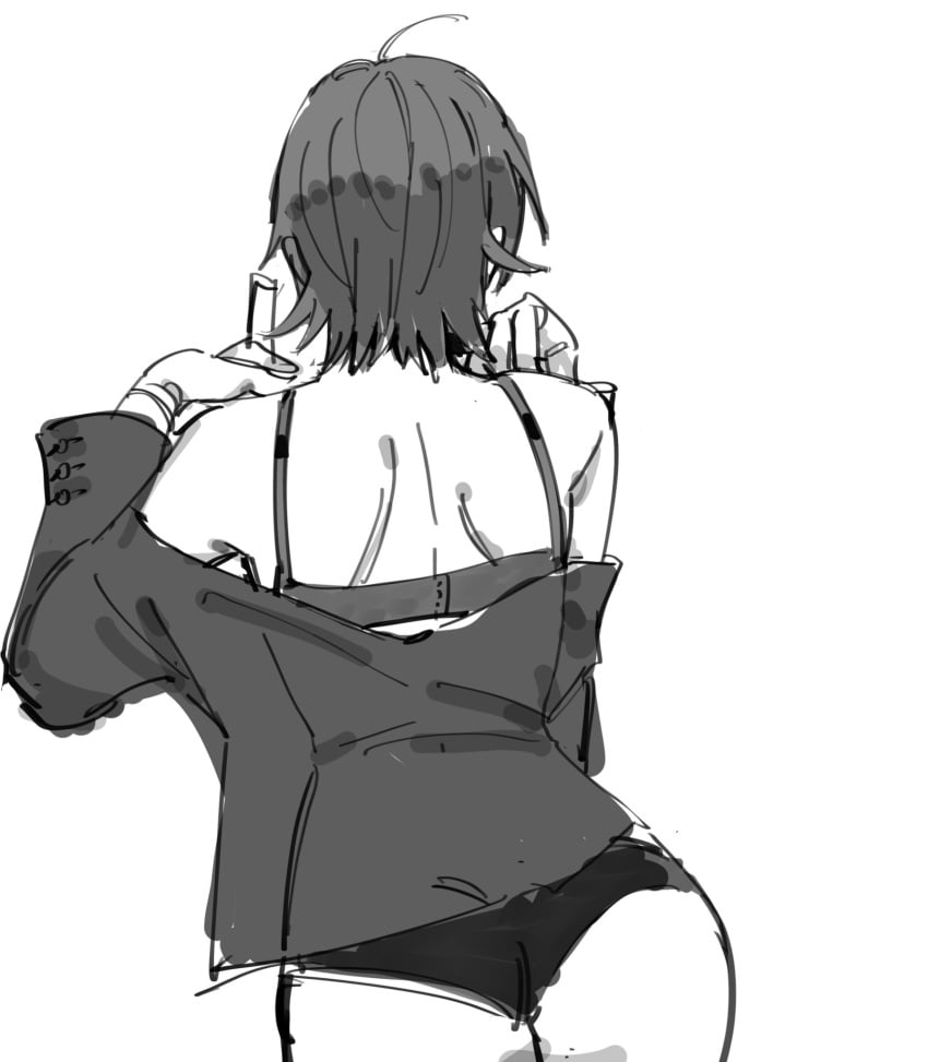 ass ass_focus ass_up back back_view behind behind_view bra butt chainsaw_man clothed female female_focus female_only from_behind himeno_(chainsaw_man) leaning leaning_forward liowig looking_forward mappa panties short_hair simple_background sketch solo solo_female solo_focus standing tagme underwear viewed_from_behind