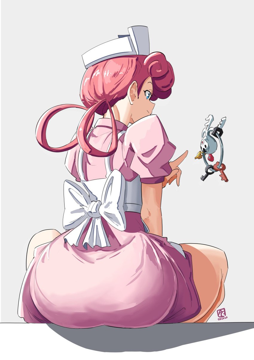 1girls ass ass_focus automatic_giraffe behind behind_view big_ass big_butt blue_eyes clothed fat_ass female fully_clothed large_ass nurse nurse_cap nurse_joy nurse_uniform pink_hair pokemon pokemon_(species) tagme