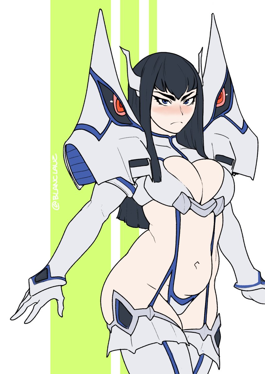 1girls absurdres armor belly black_hair blanclauz breasts cleavage garter_straps gloves green_background highres huge_breasts junketsu kill_la_kill kiryuuin_satsuki large_breasts long_hair looking_at_viewer plump shoulder_armor solo thighhighs thong twitter_username two-tone_background white_background