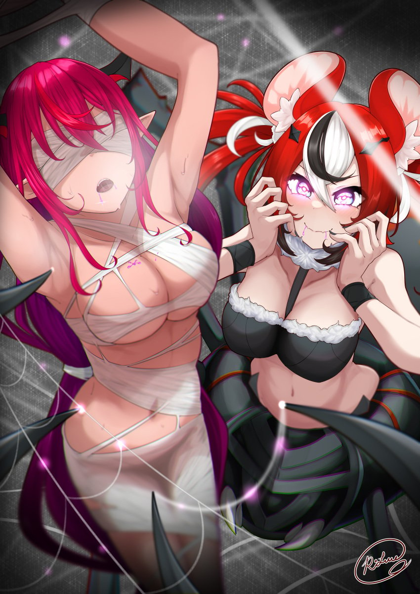 2girls black_hair blindfold bondage bound breasts drooling hakos_baelz hi_res hololive hololive_english hololive_english_-council- hololive_english_-promise- horn irys irys_(hololive) long_hair mouse_ears multiple_girls naked nude pointy_ears red_hair restrained rlus spider spider_baelz spider_girl spider_web sweat tied tied_up twintails virtual_youtuber web_bondage white_hair