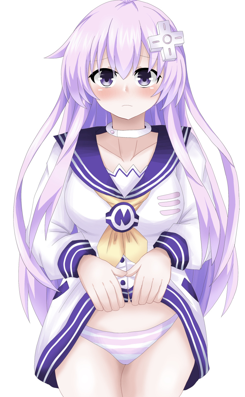 blush breasts choker clothed compile_heart d-pad_hair_ornament embarrassed front_view frown idea_factory long_hair looking_at_viewer matrixjudge nepgear neptunia_(series) panties presenting purple_eyes simple_background skirt_lift solo