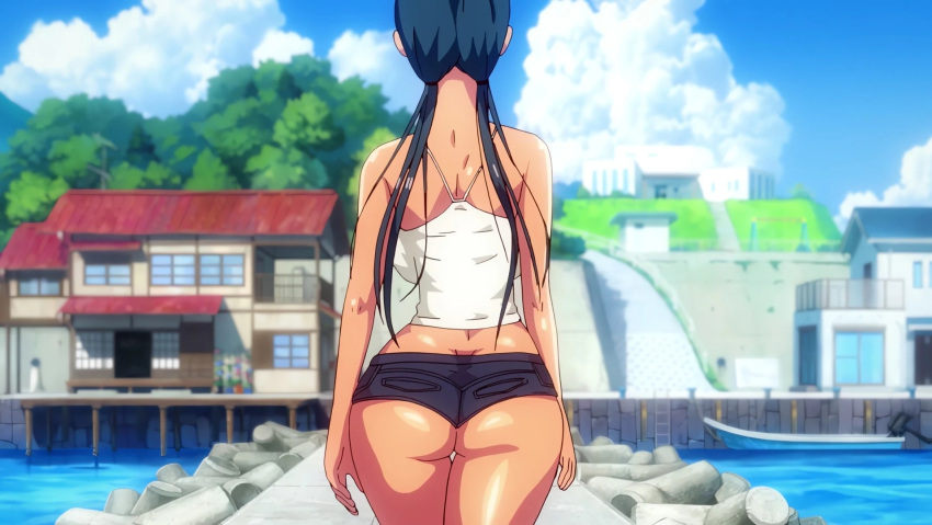 ass ass_cheeks ass_focus black_shorts booty_shorts hentai koumi-jima_shuu_7_de_umeru_mesu-tachi male_pov point_of_view screencap screenshot shorts tan-skinned_female tan_body tan_skin tank_top tanned tanned_skin torudaya_(animation_studio)