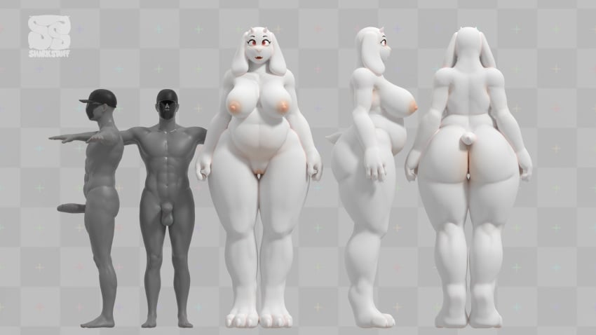 anthro baseball_cap bovid breasts caprine clothing duo erection female fur goat hat headgear headwear hi_res human larger_female male mammal monster red_eyes sharkstuff simple_background size_difference smaller_male toriel undertale undertale_(series) white_body white_fur