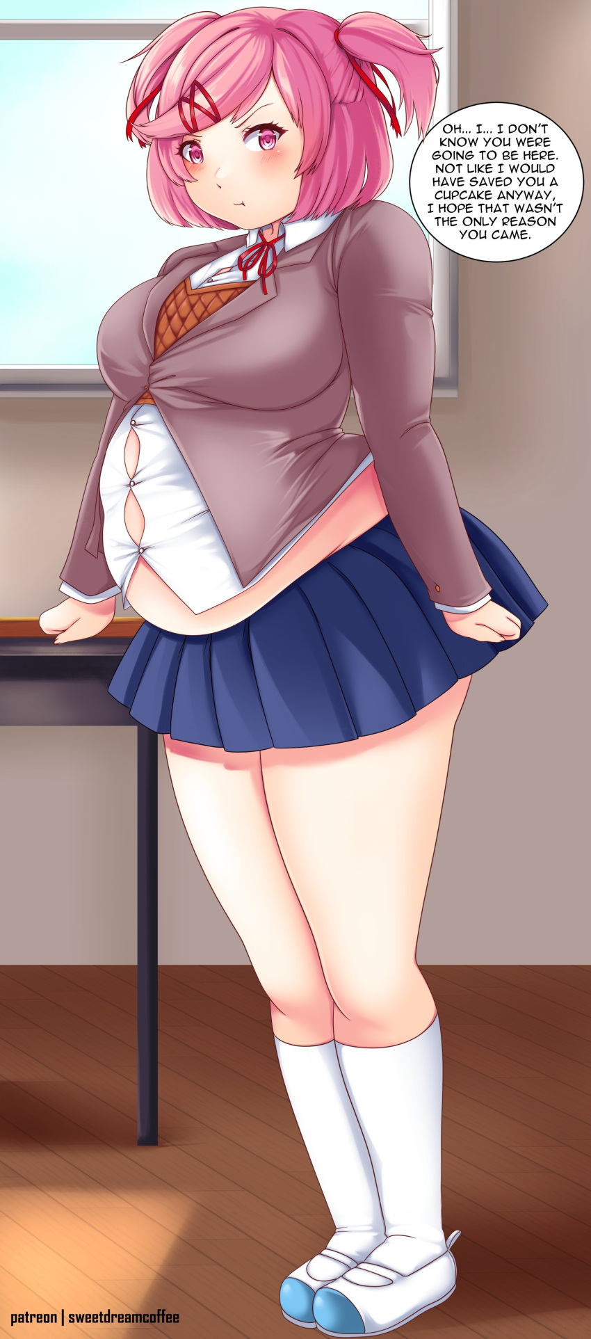 1girls 2023 big_breasts blush button_gap chubby chubby_female color dialogue doki_doki_literature_club english_text fat fat_woman female female_only kneesocks natsuki_(doki_doki_literature_club) obese pink_eyes pink_hair school_uniform sequence skirt solo sweetdreamcoffe tagme talking_to_viewer text twintails underbelly weight_gain