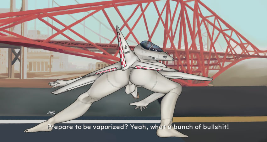 aircraft airplane anthro anus ass backsack balls bent_over bridge city cityscape detailed_background dialogue digital_media_(artwork) erection genitals glans grand_theft_auto grand_theft_auto:_san_andreas grin hi_res humanoid_genitalia jet krowbutt living_aircraft living_machine living_vehicle looking_at_viewer looking_back looking_back_at_viewer machine male not_furry penis presenting rockstar_games smile solo stretching tail talking_to_viewer text vehicle wings