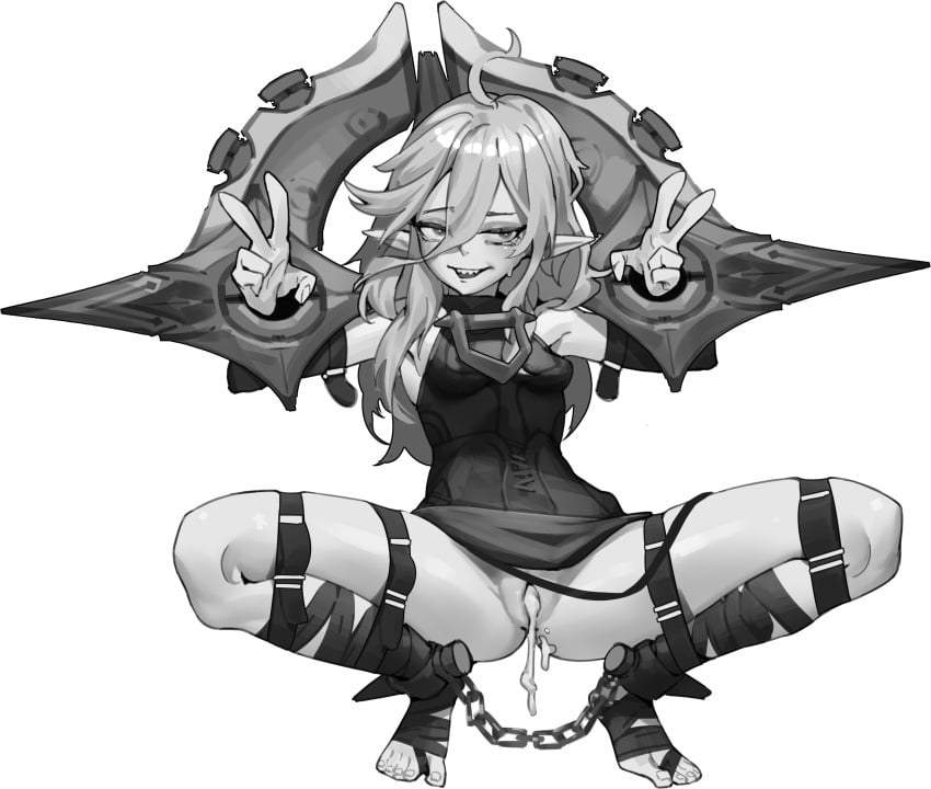 absurdres belt bondage bondage bound breasts briar_(league_of_legends) chen_zi cum cum_in_pussy double_v female full_body greyscale hair_between_eyes highres league_of_legends long_hair looking_at_viewer monochrome pointy_ears sharp_teeth sidelocks simple_background small_breasts smile solo squatting teeth toeless_footwear toenails toes v vampire wrist_cuffs