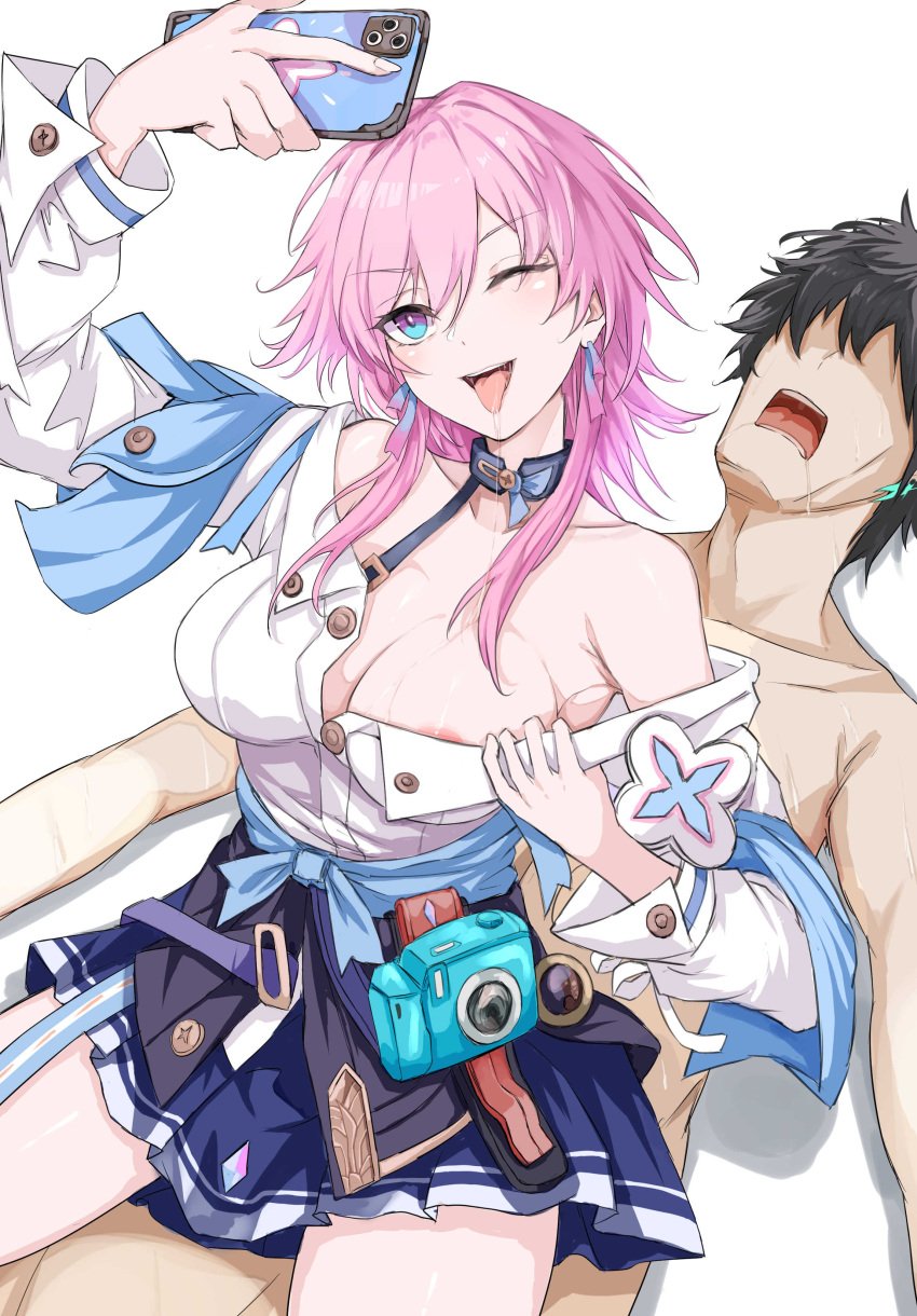 1boy 1girls absurdres areola_slip arm_up bare_shoulders black_hair blue_eyes breasts camera cellphone choker clothed_female_nude_male dan_heng earrings female frilled_skirt frills halterneck highres honkai:_star_rail honkai_(series) jewelry male march_7th_(honkai:_star_rail) miniskirt multicolored_eyes nude nui_gurumi open_clothes open_mouth open_shirt pink_eyes pink_hair ribbon saliva selfie short_hair simple_background sitting sitting_on_person skirt smile straight sweat tied_jacket tongue_out white_background wink