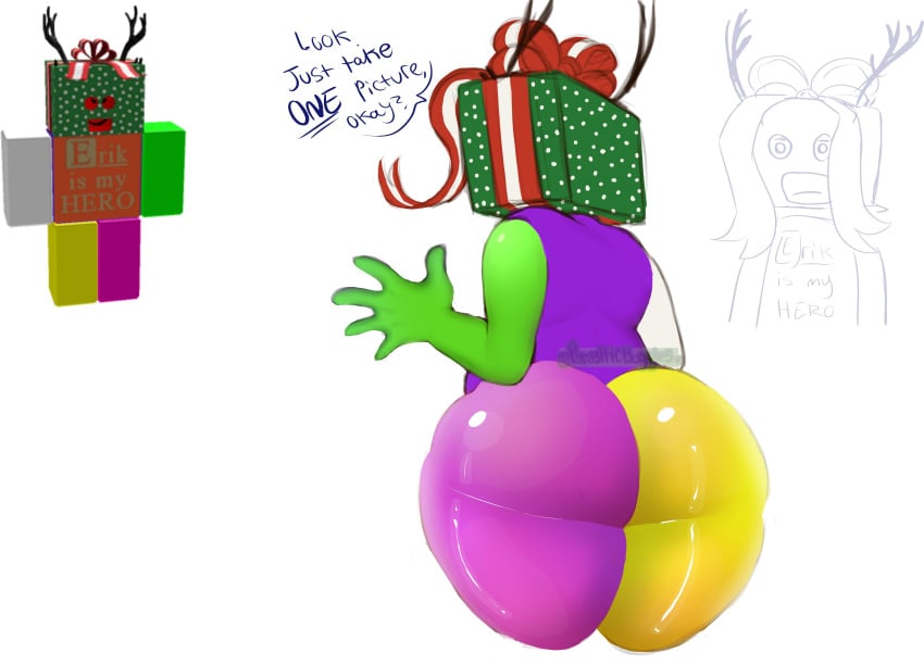 1boy @_@ androgynous antlers ass box breasts christmas colored_skin english_text female from_behind gift gift_box green_skin k0rezo red_hair reference_image reindeer_antlers roblox roblox_avatar robloxian simple_background sleeveless solo tagme valefar white_background