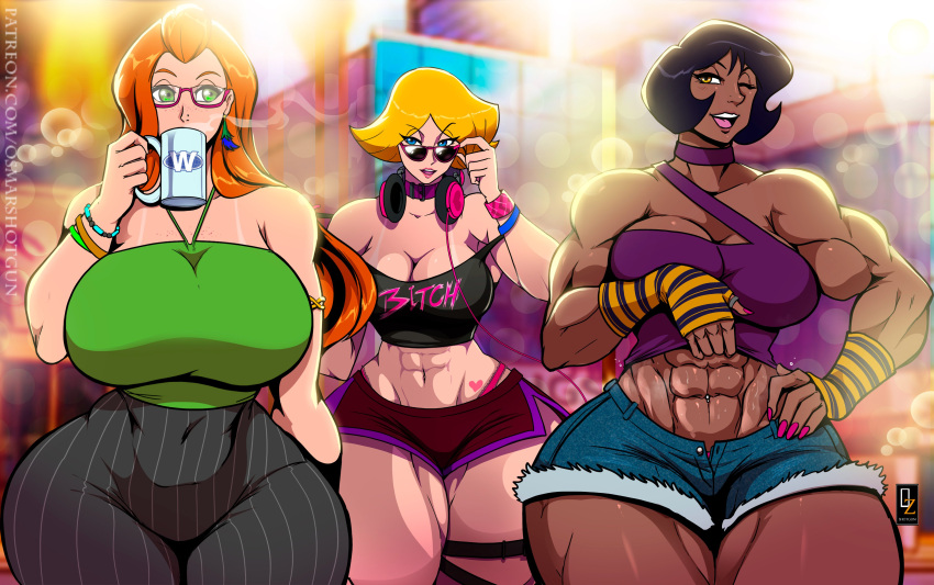 3girls alex_(totally_spies) black_hair blonde_hair blue_eyes clothing clover_(totally_spies) female female_only fitness human multiple_girls muscle muscles muscular muscular_female orange_hair osmar-shotgun pale_skin porn_star sam_(totally_spies) toned totally_spies