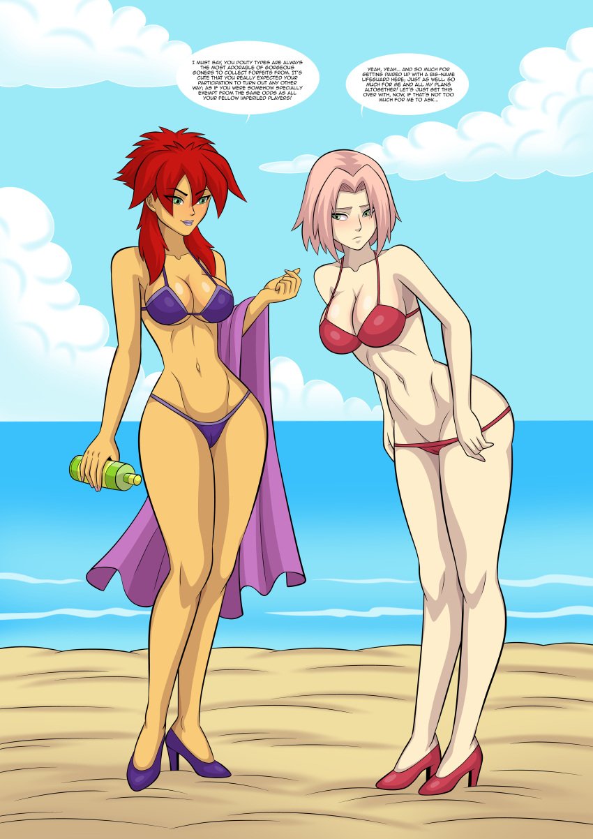 2girls anoneysnufftan arabatos beach bikini cartoon_network comic_page crossover defeated dialogue eastern_and_western_character embarrassed female_only green_eyes high_heels imminent_death killer_lotion kiva_andru lotion lotion_bottle megas_xlr naruto ocean panty_pull penalty_game peril pink_hair purple_high_heels_boots red_hair red_high_heel_boots sakura_haruno sand seaside short_hair short_hair_with_long_locks sky summer sunscreen swimsuit toonami towel undressing undressing_self water