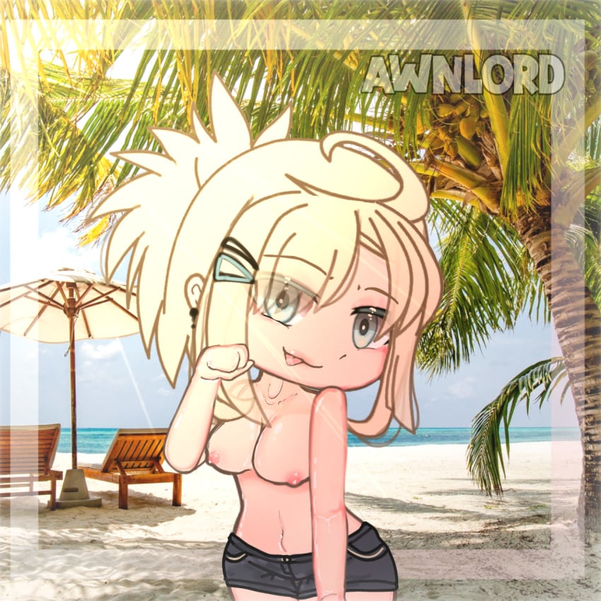 awnlord beach blonde_hair blue_eyes breasts cute gacha gacha_club gacha_heat gacha_life hairclip ponytail shorts thighs