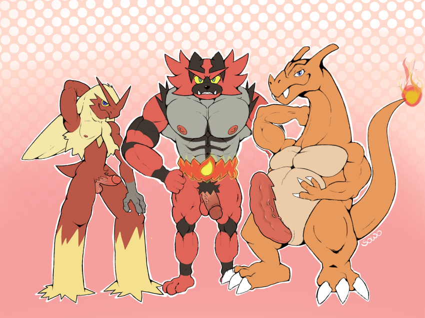 3boys anthro armpit_fetish avian balls beak big_penis bird blaziken blue_eyes charizard chicken claws dragon erection fangs feathers felid feline fire fur galliform gallus_(genus) gay generation_1_pokemon generation_3_pokemon generation_7_pokemon genitals green_eyes group hand_on_hip hands_behind_back hi_res huge_cock humanoid_genitalia incineroar looking_at_viewer male male/male male_only mammal muscular muscular_anthro muscular_male nintendo nipple_piercing nipples nude orange_body penis phasianid piercing pokemon pokemon_(species) pubes red_body reptile scalie simple_background smile sowo tail teeth toe_claws trio yellow_eyes