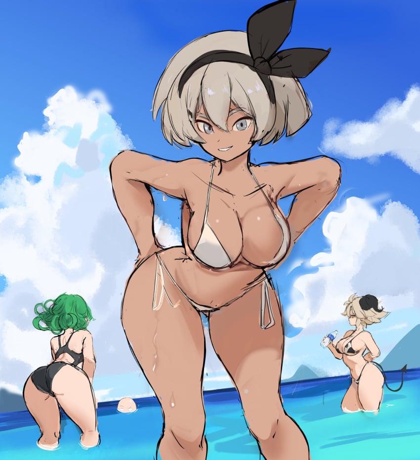 3girls bea_(pokemon) bikini breasts brown_skin crossover dark-skinned_female dark_skin female female_focus game_freak green_hair grey_hair huge_breasts light-skinned_female light_skin multiple_girls nintendo one-punch_man original original_character outdoors pokemon pokemon_ss pool rakeemspoon short_hair susan_(rakeemspoon) swimsuit tatsumaki white_hair