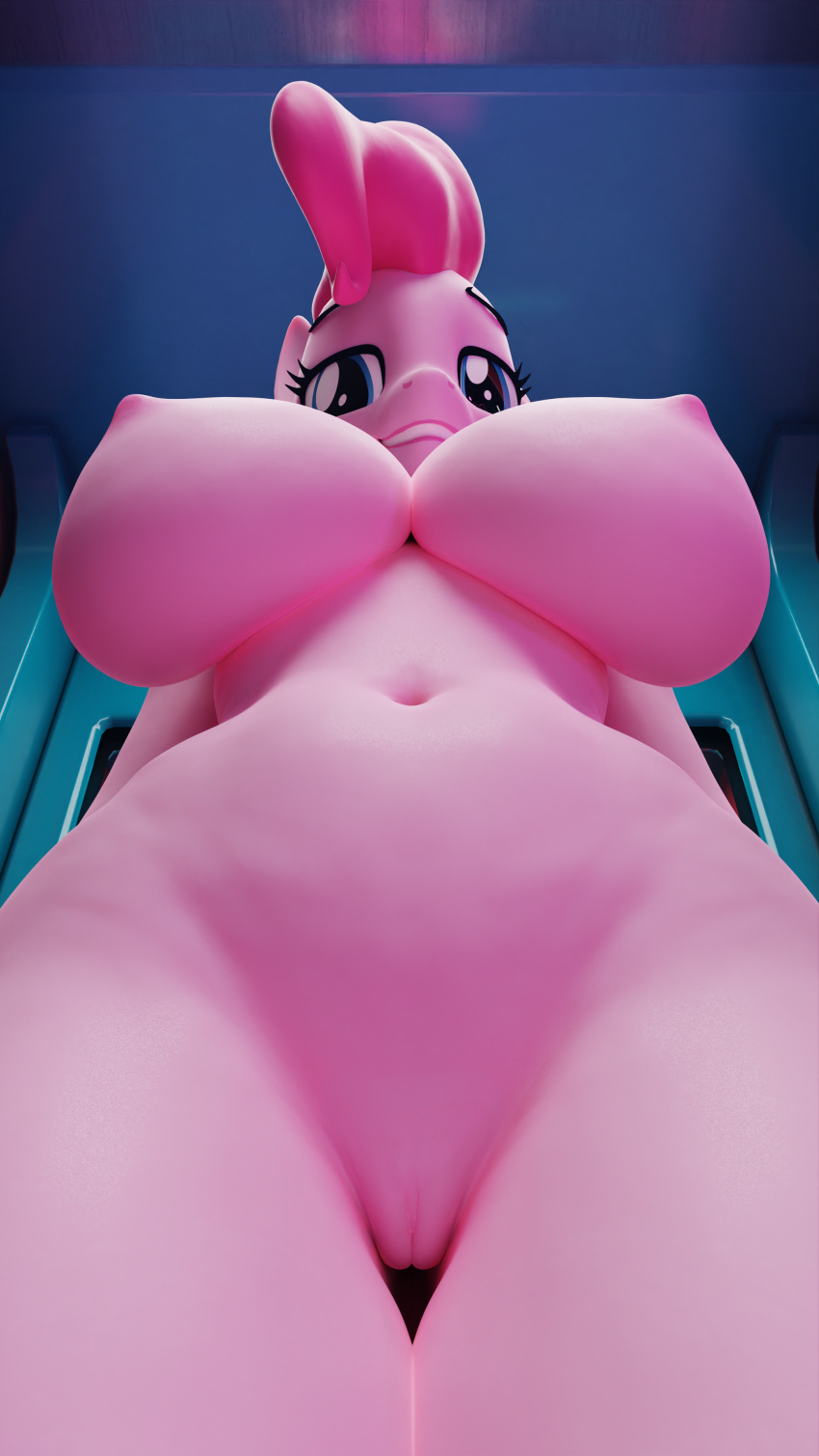 3d_(artwork) absurd_res anthro anthrofied big_breasts breasts digital_media_(artwork) equid equine female floppyhuman friendship_is_magic genitals hair hasbro hi_res low-angle_view mammal my_little_pony pink_hair pinkie_pie_(mlp) pussy solo