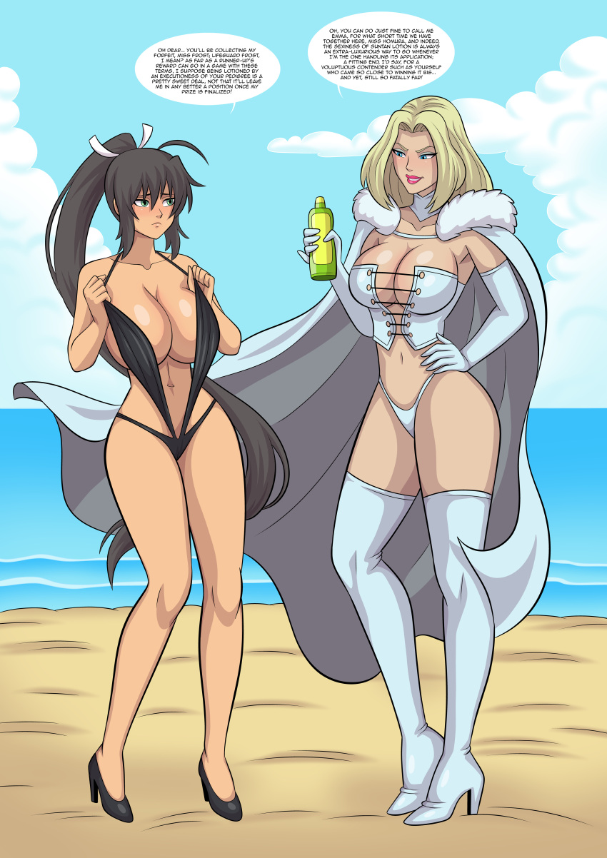 2girls anoneysnufftan arabatos beach bikini black_hair blonde_hair blue_eyes cape comic_page crossover defeated dialogue eastern_and_western_character embarrassed emma_frost english_text female_only green_eyes high_heels homura_(senran_kagura) huge_breasts imminent_death killer_lotion long_hair lotion lotion_bottle marvel ocean penalty_game peril ponytail sand seaside senran_kagura sky sling_bikini stockings summer sunscreen swimsuit towel undressing water x-men