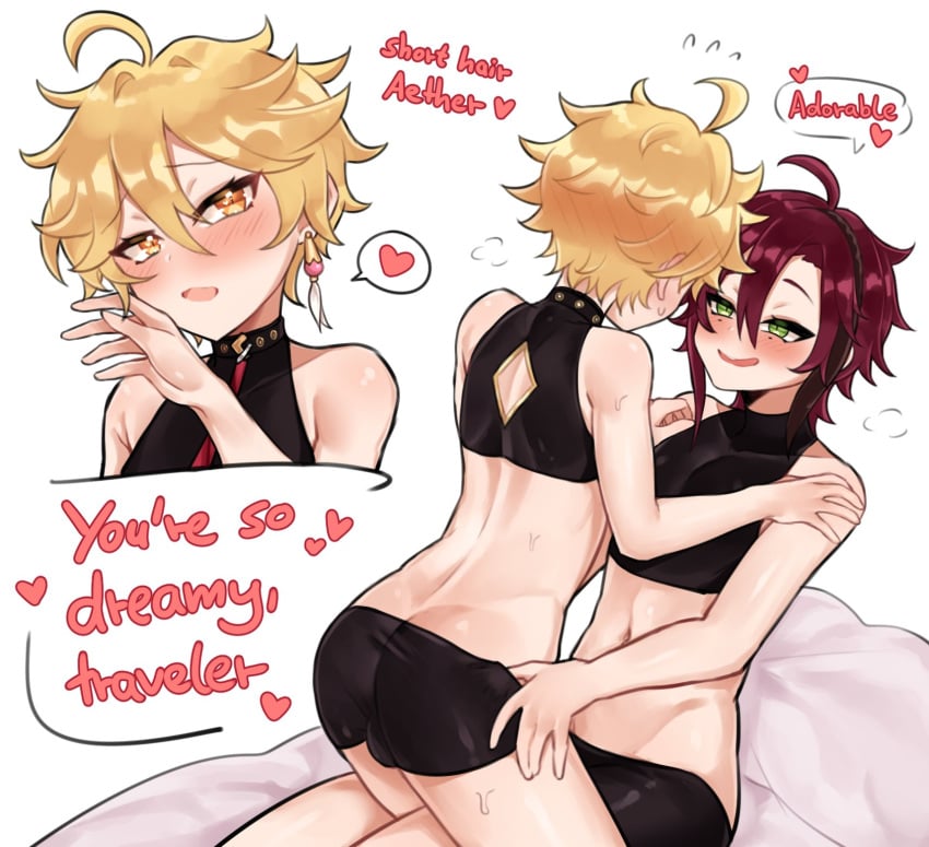 2boys aether_(genshin_impact) amber_eyes blonde_hair blush btms666 crop_top earrings english_text femboy genshin_impact green_eyes male male_only males_only red_hair shikanoin_heizou short_hair straddling