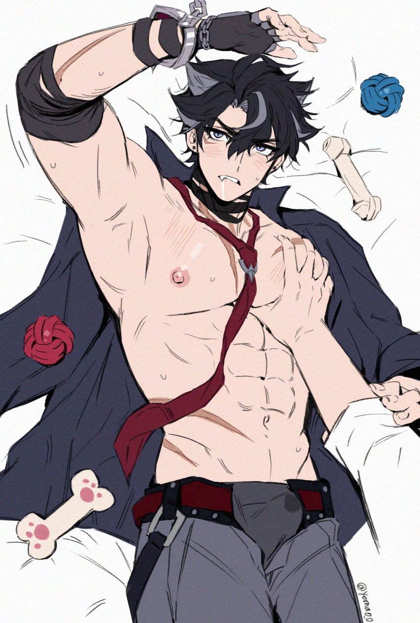 1boy abs biting_lip blush bulge_through_clothing chained genshin_impact groping_breasts hard_on male_only muscles precum_through_clothing scars solo_focus stained_underwear teeth_showing wriothesley_(genshin_impact) yoma_0_0