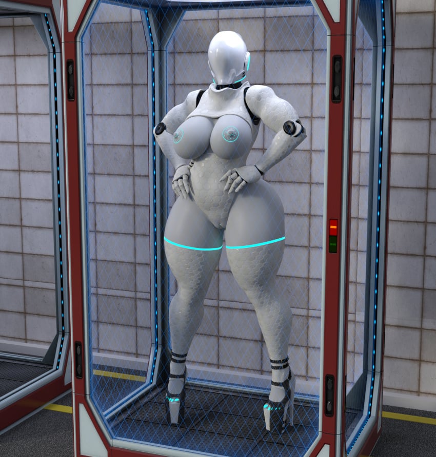 absurd_res bbdworks cage clothing daz3d female footwear glowing glowing_nails haydee haydee_(game) hi_res high_heels humanoid machine robot slightly_chubby solo