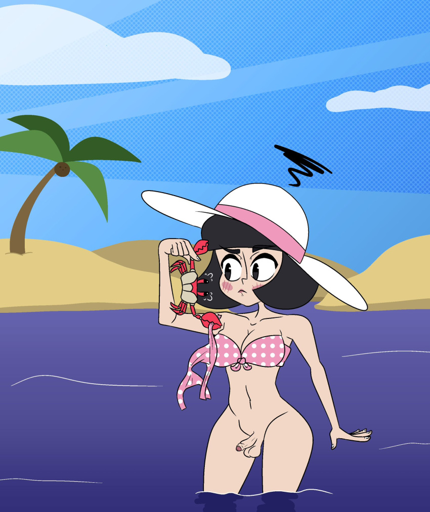 1futa assisted_exposure balls bangs beach big_breasts bikini black_hair breasts clothed clothing crab erection futa_only futanari human light-skinned_futanari light_skin mostly_nude penis short_hair small_penis solo standing strawberriexe tiffany_(strawberriexe) uncut water