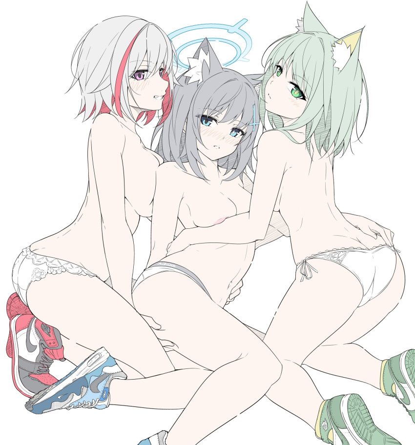 3girls arknights big_ass big_breasts blue_archive blush honkai:_star_rail kal'tsit_(arknights) large_breasts looking_at_viewer masabodo panties pants shiroko_(blue_archive) sideboob small_breasts sneakers topaz_(honkai:_star_rail) topless