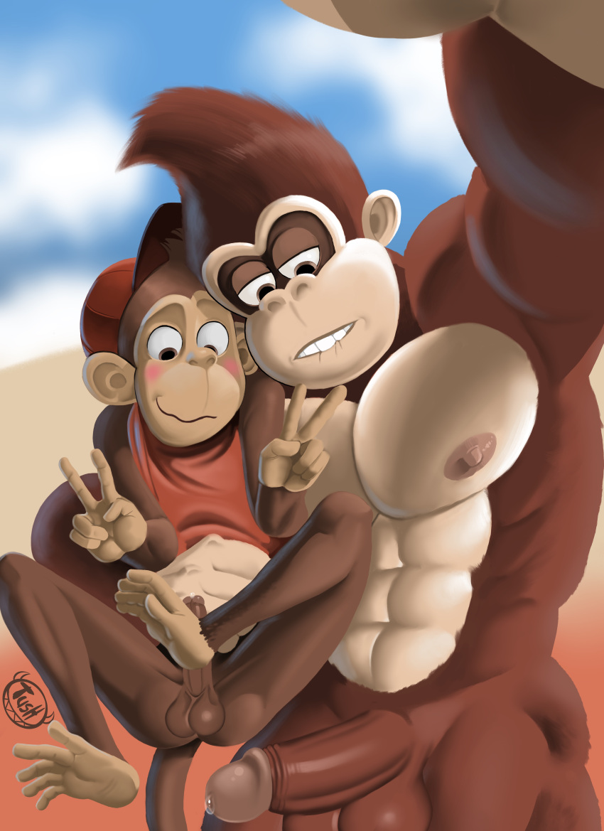 absurd_res ape balls blush boner diddy_kong donkey_kong donkey_kong_(series) duo erection gay genitals gesture haplorhine hi_res humanoid_genitalia humanoid_penis male male/male male_only mammal nintendo nude penis primate tush v_sign