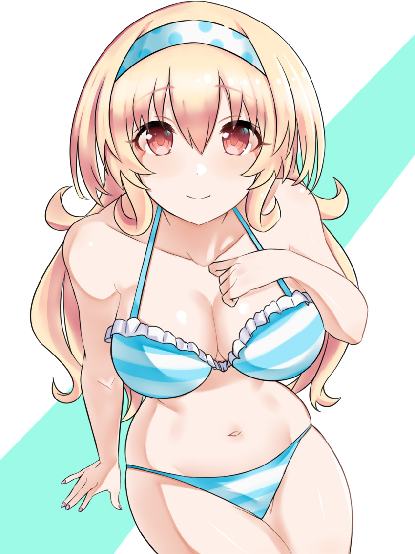 bikini blush breasts cleavage compa front_view hand_on_breast headband light-skinned_female long_hair looking_at_viewer neptunia_(series) orange_eyes shiny_skin simple_background smile solo zatsu