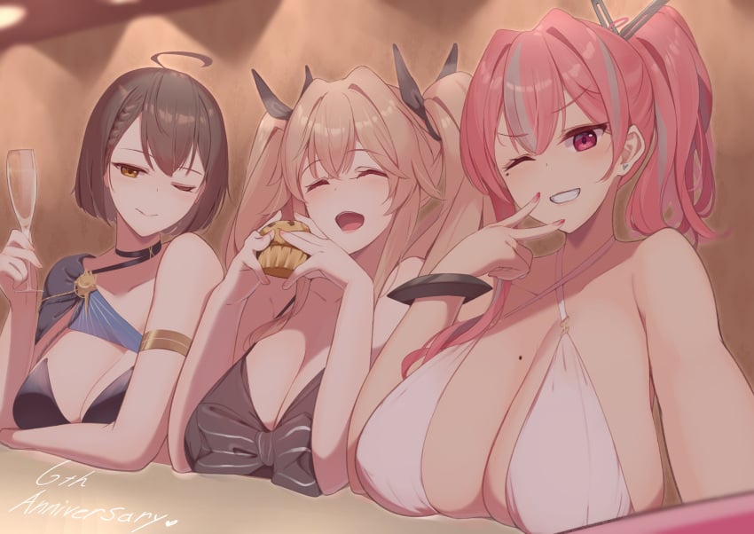 3girls ahoge alternate_costume anchorage_(azur_lane) anniversary asymmetrical_clothes asymmetrical_dress azur_lane baltimore_(azur_lane) baltimore_(evening_breeze_minuet)_(azur_lane) black_dress blue_cape breast_rest breasts breasts_on_table bremerton_(azur_lane) brown_dress brown_hair cape center_opening cleavage closed_eyes cocktail_dress criss-cross_halter cup cupcake dress eagle_union_(azur_lane) english_text evening_gown food grey_hair halterneck hayato_rikin highres holding holding_cup holding_food huge_breasts indoors light-skinned_female light_brown_hair light_skin light_smile looking_at_viewer mole mole_on_breast multiple_girls nail_polish official_alternate_costume one_eye_closed open_mouth pink_eyes pink_hair short_hair shoulder_cape single-shoulder_dress smile striped_cape twintails two-tone_cape upper_body v white_dress