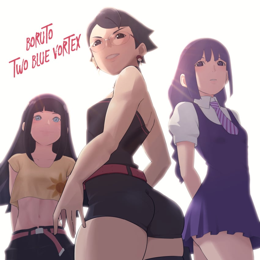 3girls aged_up ass ass_focus bare_shoulders black_hair black_shorts blue_eyes boruto:_naruto_next_generations boruto:_two_blue_vortex breasts closed_mouth cowboy_shot dress eeshin_(eishin5584) female female_only from_behind glasses kakei_sumire long_hair matching_hair/eyes midriff multiple_girls naruto naruto_(series) navel necktie purple_dress purple_eyes purple_hair sarada_uchiha short_hair short_sleeves shorts simple_background small_breasts smile standing strapless teenage_girl teenager thighs time_skip tube_top uchiha_sarada uzumaki_himawari white_background