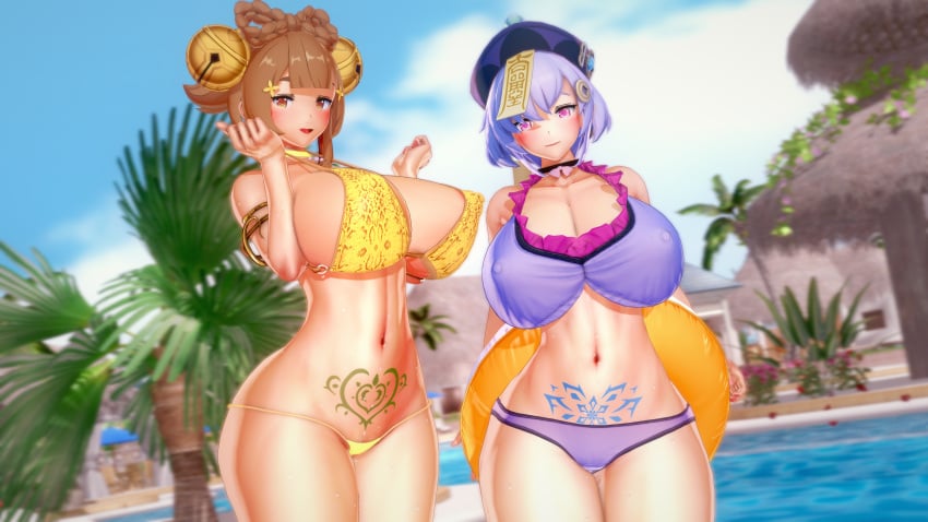 2girls big_breasts bikini blush breasts busty female female_only genshin_impact huge_breasts koikatsu large_breasts multiple_girls navel nipple_bulge pubic_tattoo qiqi_(genshin_impact) swimming_pool swimsuit taf4mad tattoo thick_thighs thighs voluptuous yaoyao_(genshin_impact)