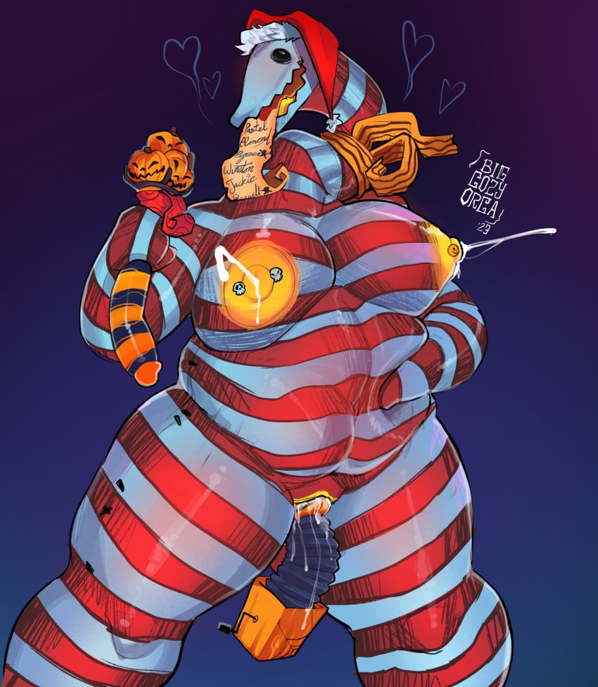 anthro areola big_breasts bigcozyorca bodily_fluids breasts candy candy_cane dessert female food food_creature front_view genital_fluids hi_res huge_breasts jack-o'-lantern jack_in_the_box_(toy) lactating list living_candy long_neck looking_at_viewer milk monster nightmare_before_christmas nipple_piercing nipples nude object_in_pussy overweight overweight_anthro overweight_female paper piercing pussy_juice solo standing yellow_areola yellow_nipples