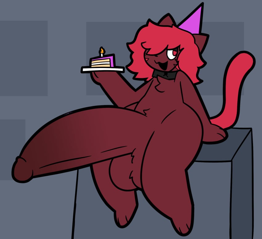 anthro atlas_(atlashasbignuts) balls big_balls big_penis birthday birthday_cake birthday_hat cake dessert felid feline food genitals grape_ad hi_res huge_balls huge_cock hyper hyper_balls hyper_genitalia hyper_penis male mammal penis sitting solo