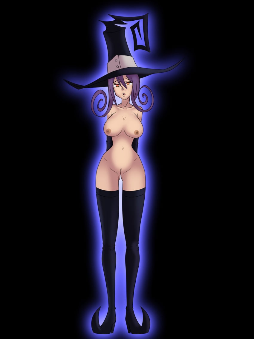 1girls 2023 aura big_breasts black_background blair_(soul_eater) breasts catgirl female female_only hat katsiika light-skinned_female light_skin mostly_nude naked nude orange_eyes purple_hair simple_background solo solo_female solo_focus soul_eater thighhighs witch witch_hat