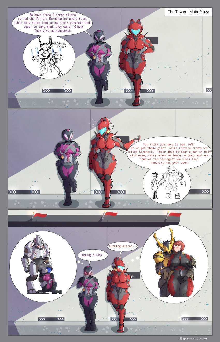 2boys 2girls armor blue_hair blush breast_grab breasts bungie child_bearing_hips crossover destiny_(game) eliksni english_text erect_nipples erection guardian_(destiny) halo_(series) helmet hips large_breasts large_penis larger_male long_penis medium_hair nipples olympia_vale penis power_armor red_eyes red_hair sangheili spartan_(halo) spartandoodles speech_bubble sweatdrop testicles text thick_penis thick_thighs thighs titan_(destiny) wide_hips