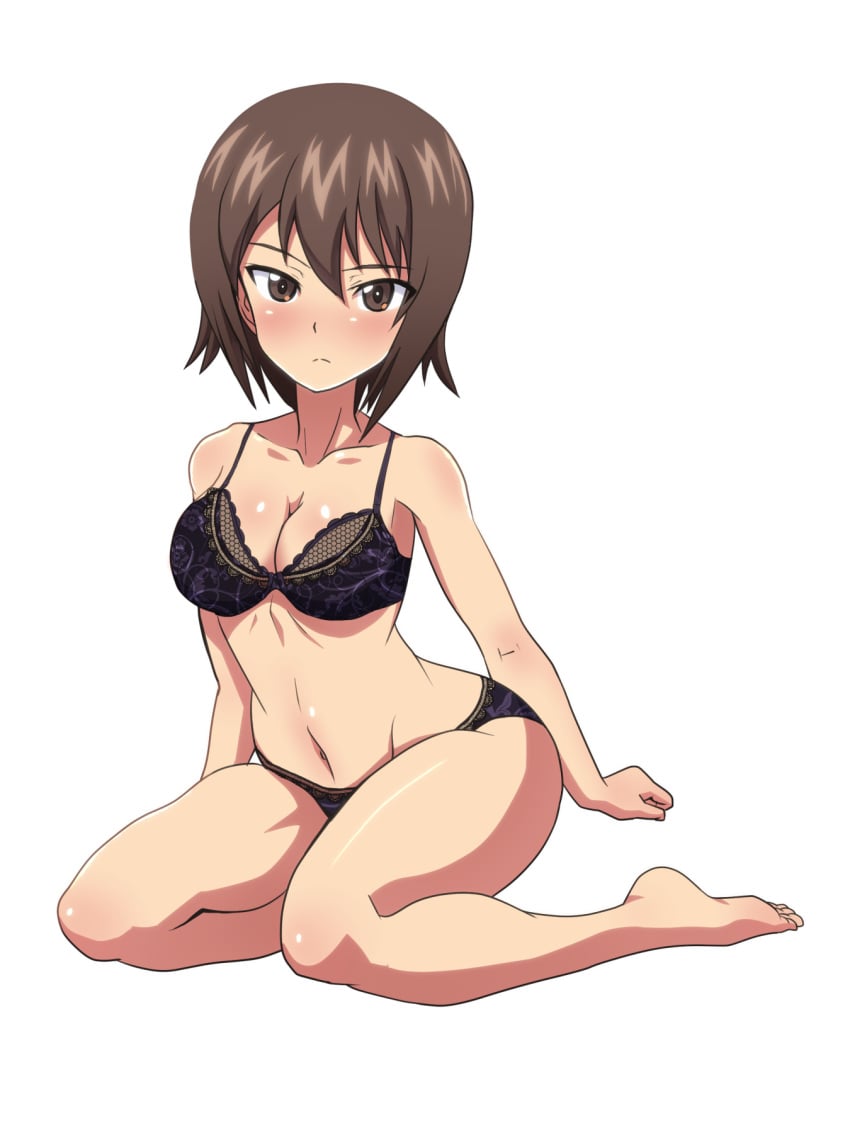 black_bra black_panties blush bra breasts brown_eyes brown_hair cleavage female full_body girls_und_panzer habirisu leaning_to_the_side lingerie looking_at_viewer medium_breasts navel nishizumi_maho panties sitting solo underwear