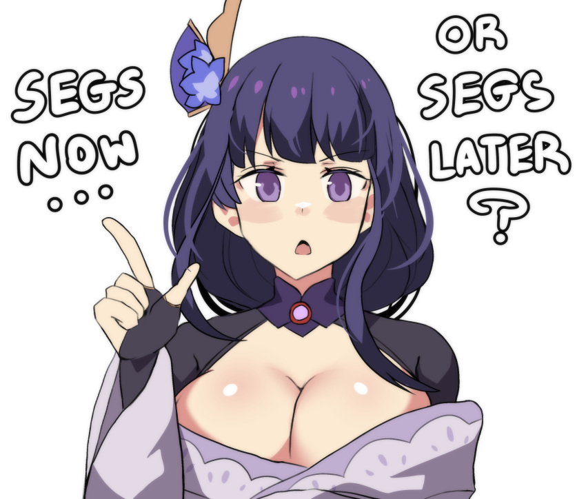 absurdres breasts bridal_gauntlets cleavage commentary english_commentary english_text female finger_gun genshin_impact hair_ornament highres hinghoi japanese_clothes kimono large_breasts looking_at_viewer meme open_mouth princesshinghoi purple_eyes purple_hair purple_kimono raiden_shogun seggs_(meme) shrug_(clothing) simple_background solo triangle_mouth white_background