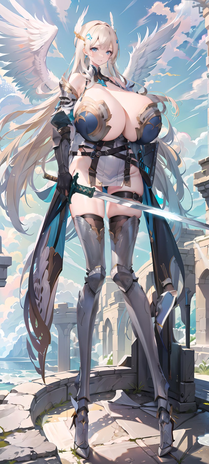 1girls ai_generated angel_wings armor armored_boots bangs bare_shoulders belt black_belt blonde_hair blue_eyes blue_sky breasts breasts_bigger_than_head cleavage cloud clouds cloudy_sky commentary_request day feathered_wings female full_body gauntlet gigantic_breasts hi_res highres holding holding_object holding_sword holding_weapon legs light_blush light_hair long_hair long_legs looking_at_viewer original outdoors outside parted_lips ruins sacabambaspis_(user_ymwd7322) skindentation solo spread_wings stone stone_floor sword tall tall_female tall_girl thigh_belt thighs valkyrie very_long_hair weapon white_wings