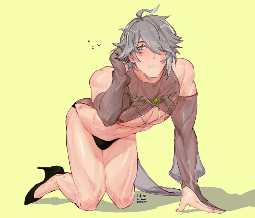 alhaitham_(genshin_impact) black_panties bulge crossdressing ear_piercing embarrassed femboy feminine_male feminine_pose genshin_impact green_eyes grey_hair hair_highlights hair_over_one_eye hand_on_head hid301 high_heels looking_at_viewer muscular muscular_male on_all_fours on_hands_and_knees on_knees on_one_hand_and_knees one_eye_obstructed see-through_clothing see_through slight_blush tight_underwear twink yaoi