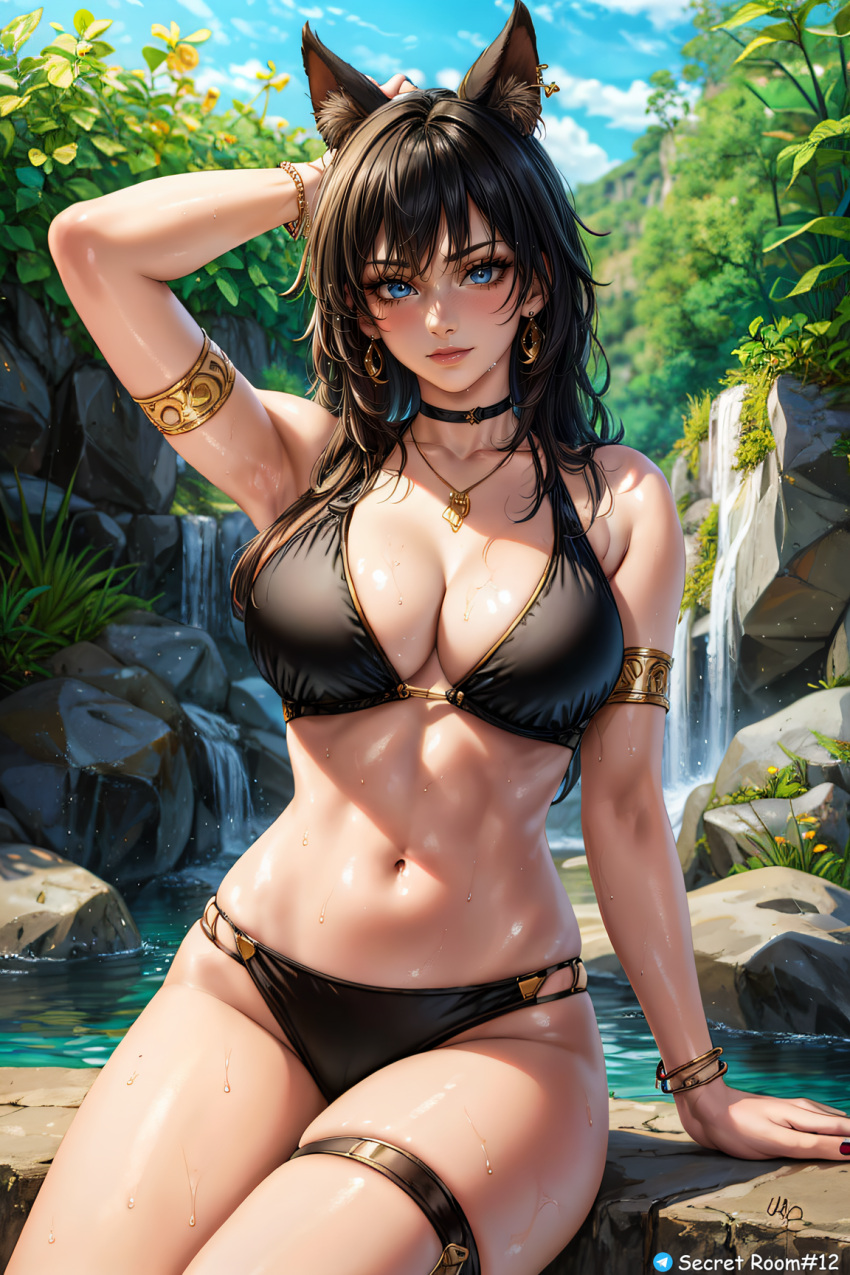 1girl 1girls 4_ears ai_generated armpit big_breasts bikini black_bikini blue_eyes blush bracelets brown_hair catgirl choker dark_hair earrings flower hourglass_figure large_breasts lifted_arm light-skinned_female looking_at_viewer multi_ear nature_background necklace original_character outdoors secret_room12 sky solo solo_female solo_focus stable_diffusion thick_thighs thigh_strap thighs toned toned_female water_drop waterfall wet wide_hips