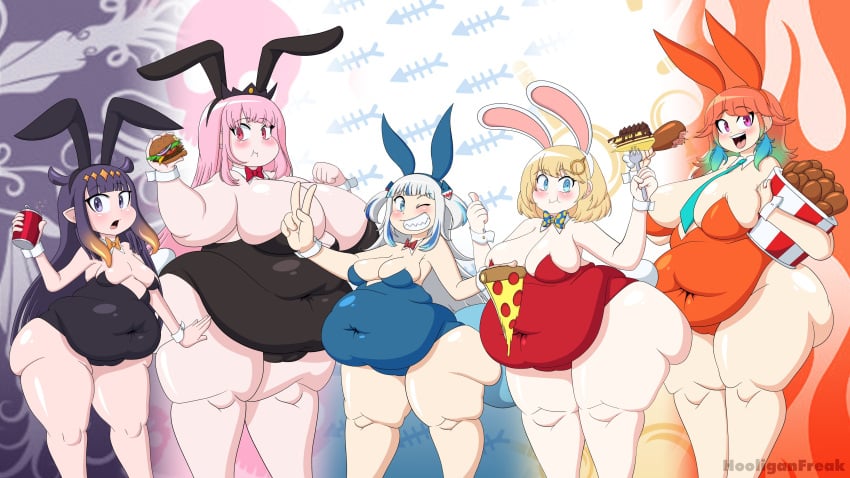 2023 5girls artist_name bbw belly_button belly_overhang blonde_hair blue_eyes bunny_girl bunnysuit color eating fat gawr_gura grey_hair hololive hololive_english hololive_myth hooligan_freak huge_belly huge_breasts long_hair looking_at_viewer mori_calliope multiple_girls ninomae_ina'nis orange_hair peace_sign pink_eyes pink_hair purple_eyes purple_hair short_hair skindentation ssbbw tagme takanashi_kiara thick_thighs thumbs_up virtual_youtuber watson_amelia