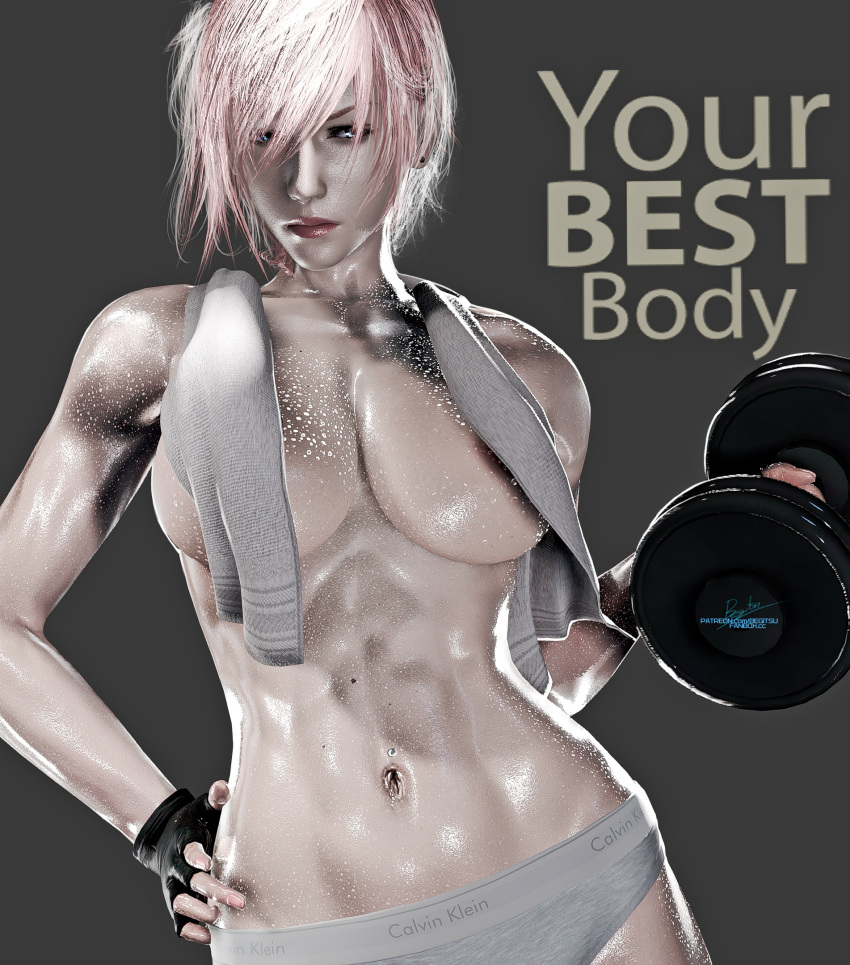 3d abs begitsu big_breasts blue_eyes breasts busty dumbbell earrings eclair_farron female female_focus female_only final_fantasy final_fantasy_xiii fingerless_gloves hourglass_figure lipstick long_hair makeup muscle_tone muscles navel piercing pink_hair sweat tagme toned toned_female topless wide_hips working_out