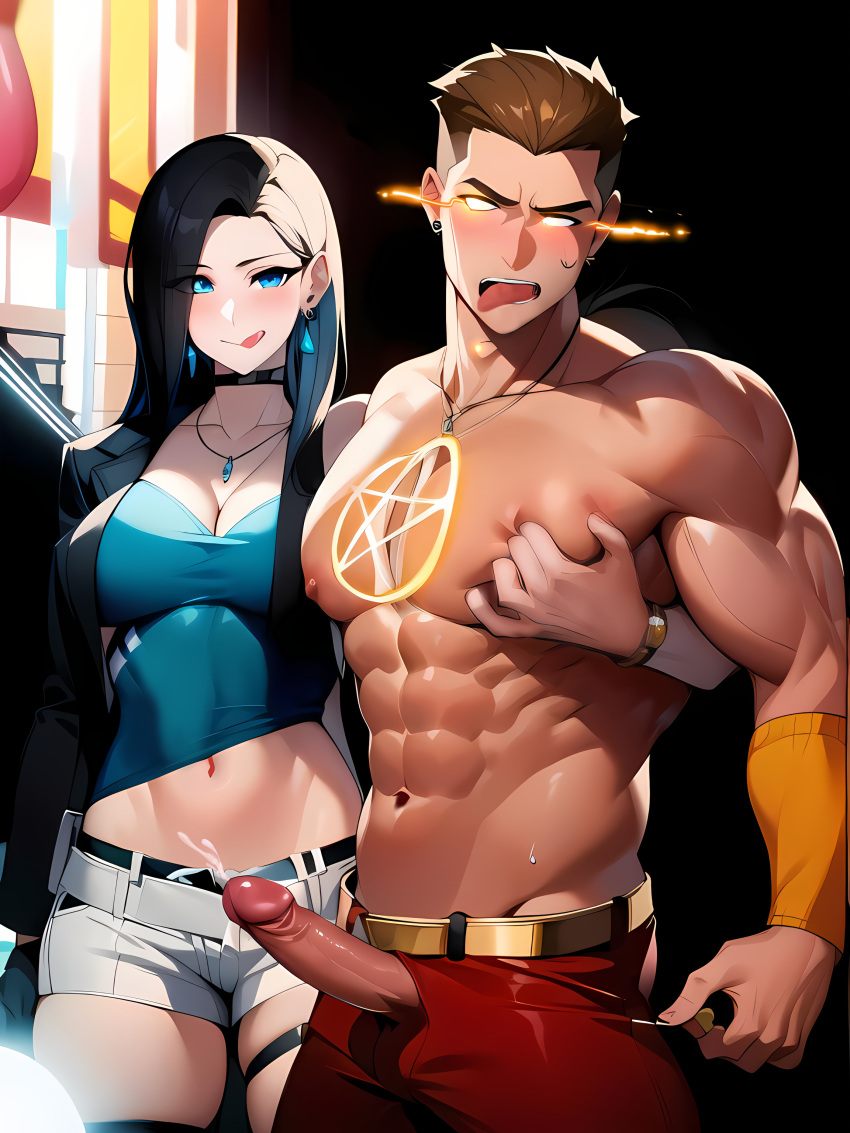 1boy 1girls ai_generated ai_penis grabbing_chest male_chest male_focus male_sexy muscular_male shirtless_male six_pack submissive_male