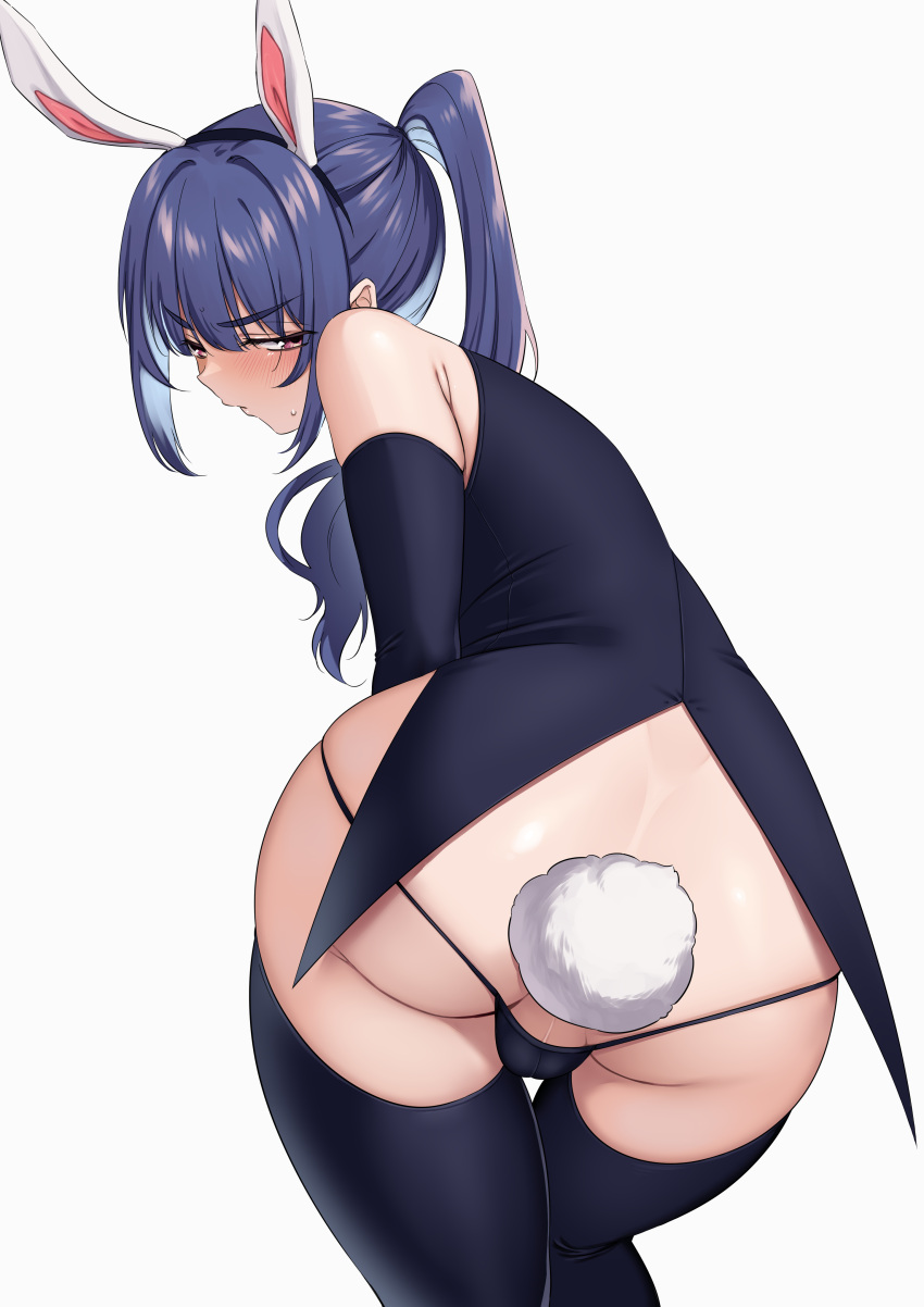 1boy 2023 :/ absurdres anal anal_insertion animal_ears ass ass_focus back backless_panties balls balls_in_thong bare_shoulders blue_coat blue_gloves blue_panties blue_thighhighs blush bulge bunny_ears bunny_tail butt_crack buttplug buttplug_tail coat contrapposto covered_testicles cowboy_shot crossdressing elbow_gloves fake_animal_ears femboy from_behind frown girly gloves half-closed_eyes high_ponytail highres huge_ass leaning_forward long_hair looking_at_viewer looking_back lowleg lowleg_panties male_focus male_playboy_bunny micro_panties omiyacha original otoko_no_ko panties perineum pink_eyes purple_hair rabbit_ears rabbit_tail shiny_skin sidelocks simple_background skindentation sleeveless_coat solo sweatdrop tail tailcoat tailcoat_playboy_bunny testicles thigh_gap thighhighs thong trap underwear white_background wide_hips